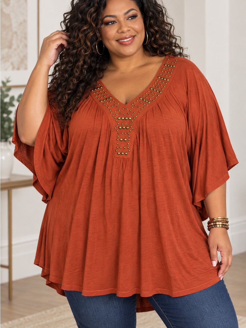 Liz & Me 5X 30/32W Rust Orange Studded Boho Tunic Top